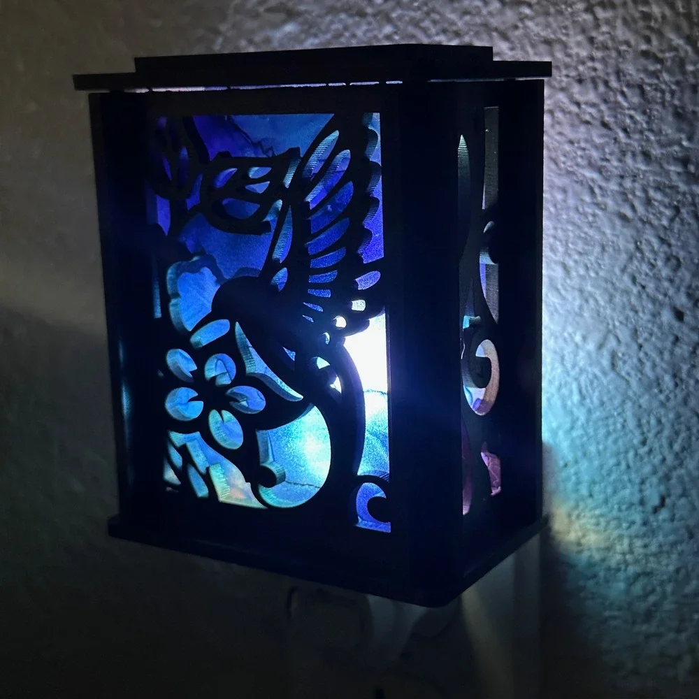 Hummingbird Lantern Night Light Wood Laser Cut Blue Light Plug In‎ Handmade